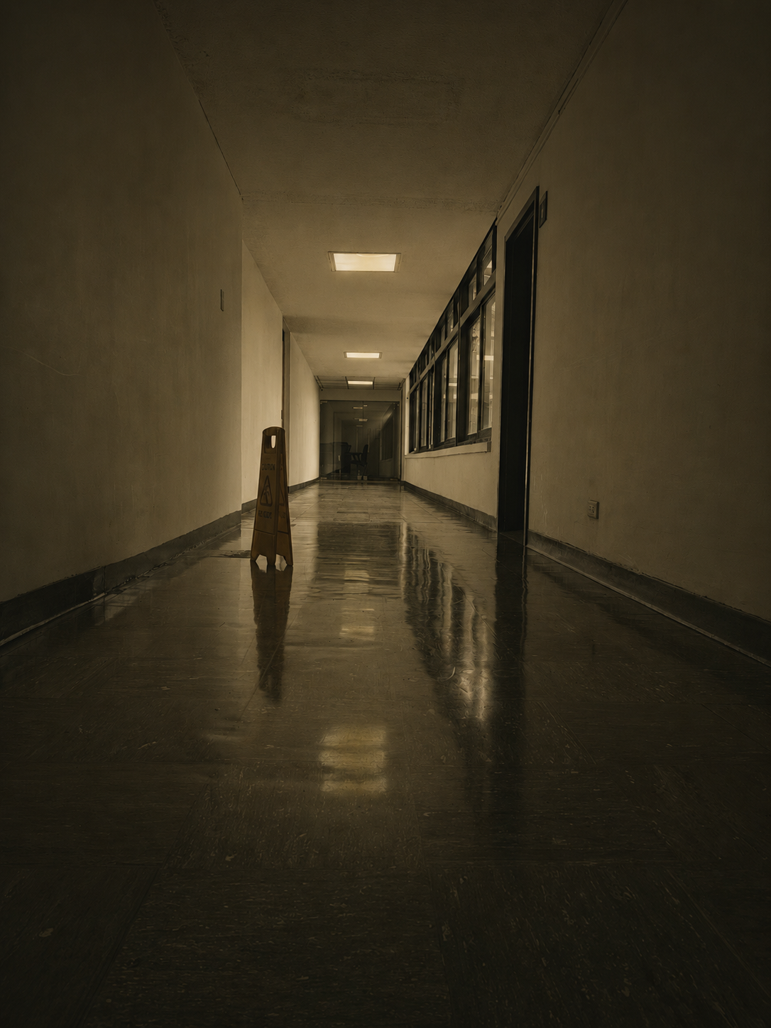 Pasillo institucional vacío de noche, piso reflejante bajo luces fluorescentes tenues y un cono de seguridad naranja solitario.